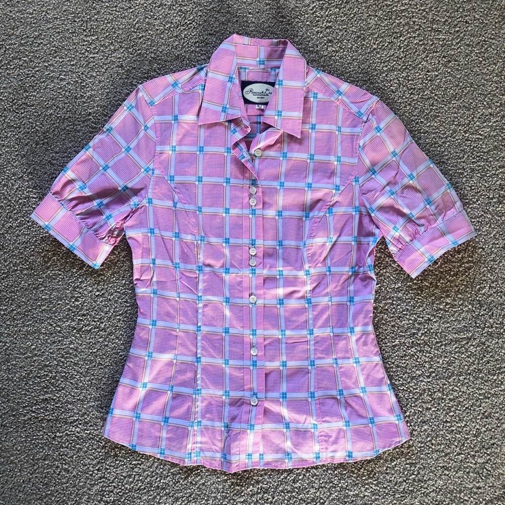 Rebecca & Drew Pink Plaid Tailored Short Sleeve Button Down Shirt Size 34C